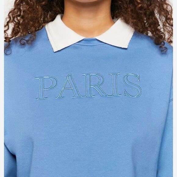 F21 S Light Blue White Collared PARIS Graphic Cropped Fleece Pullover - Picture 5 of 15